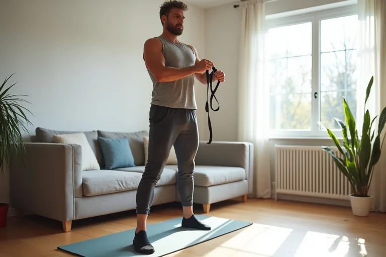 Träningsredskap för morgonrörlighet hemma med matta och gummiband.