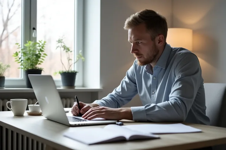 En man förbereder ett arbetsprov vid ett skrivbord med laptop, anteckningar och enkel struktur för arbetet.