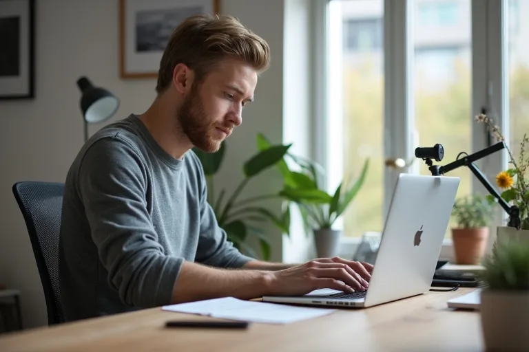 En man förbereder nätverkande vid en laptop i ett lugnt och praktiskt hemmakontor