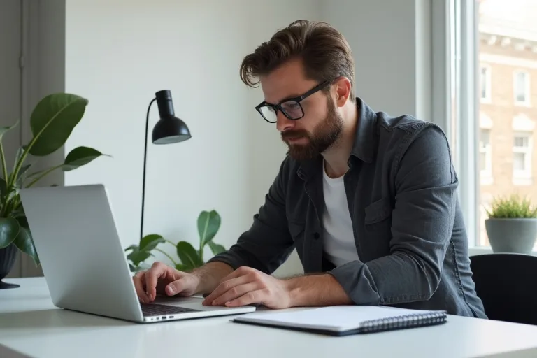 Man som förbereder en portfolio för jobbansökningar vid en arbetsplats med laptop och anteckningar
