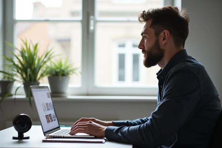 Arbetssituation där en man väljer ut de bästa projekten till en portfolio för jobbansökningar