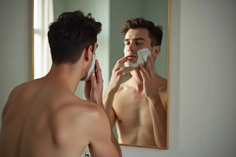 En man sköljer ansiktet och förbereder aftershave efter rakning