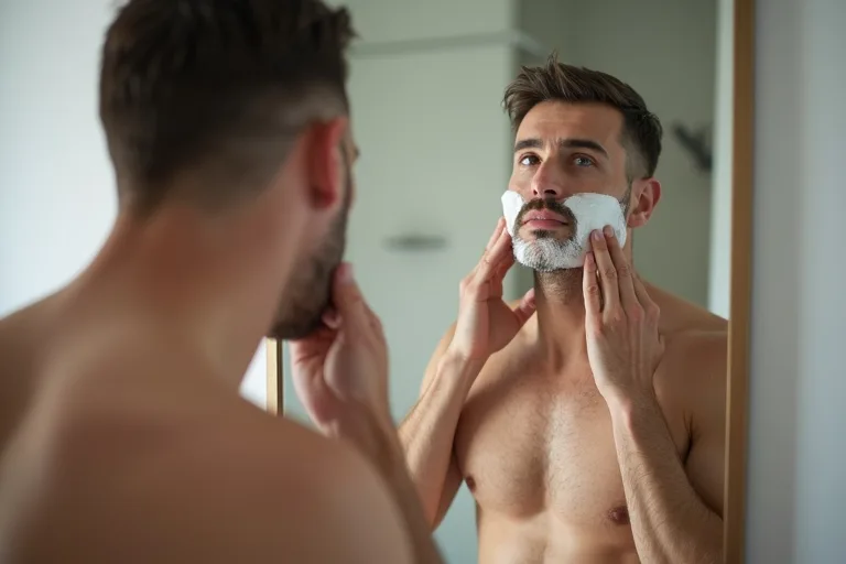 En man fördelar aftershave balm varsamt över nyrakad hud