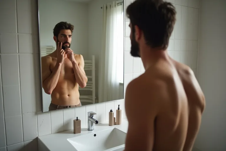 Man som använder Philips OneBlade framför spegeln i badrummet