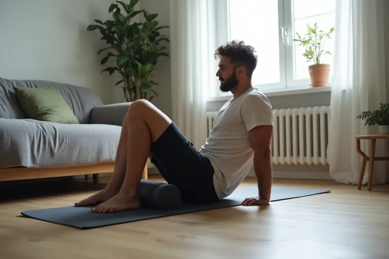En man använder foam roller för säte och höfter i en enkel hemmarutin