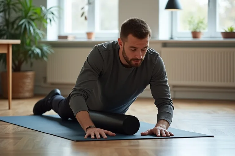 En man rullar ben och säte med foam roller hemma efter en arbetsdag.