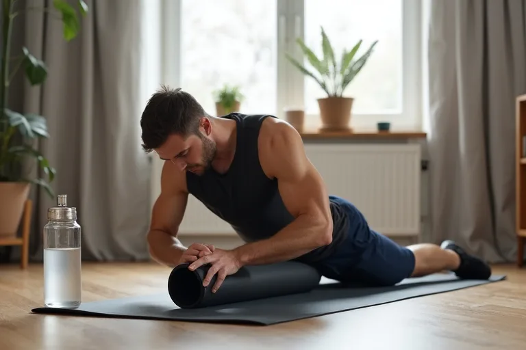 En man använder en foam roller för återhämtning efter träning i en vardagsnära hemmiljö