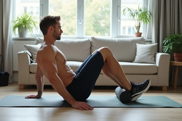 En man använder en foam roller hemma efter träning för att minska stelhet