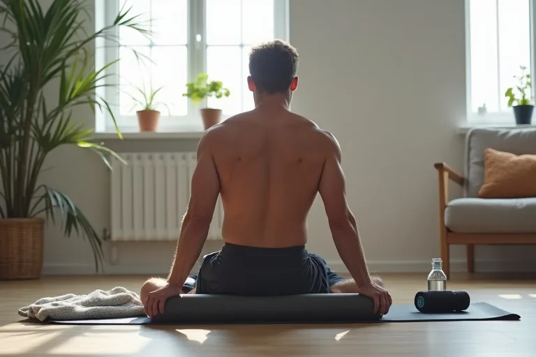 En man som fyller på vätska och återhämtar sig efter ett träningspass hemma