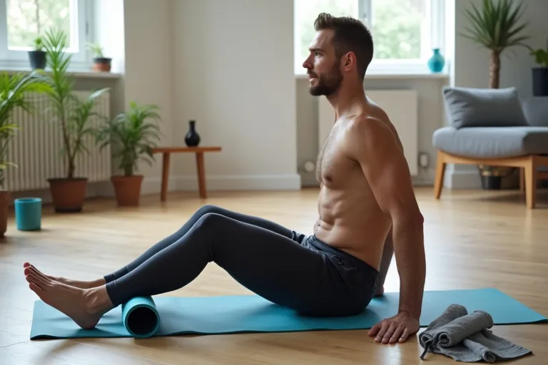 En man använder en foam roller för lätt rörlighet och muskelavslappning efter träning.