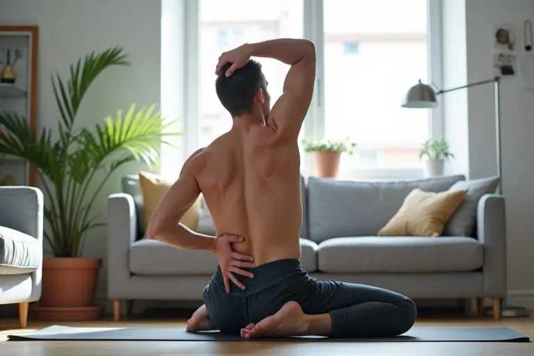 Man som stretchar hemma efter jobbet för att mjuka upp rygg och höfter