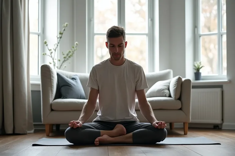Man som gör ett lugnt höftstretchmoment hemma efter en dag vid datorn