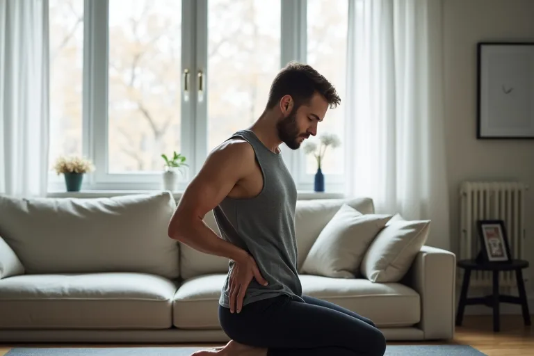 Man som gör en enkel stretch för säte och höfter i ett lugnt hem efter arbetet