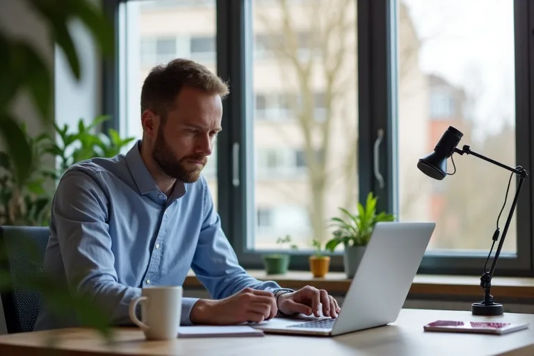 En man arbetar fokuserat med utkast och digital leverans av ett arbetsprov