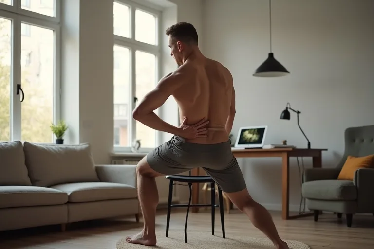 En svensk man som stretchar höfter och rygg i en lugn hemmamiljö efter jobbet.