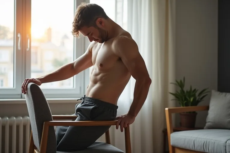 En man som gör lugn stretching efter arbetsdagen i ett vardagsrum hemma.
