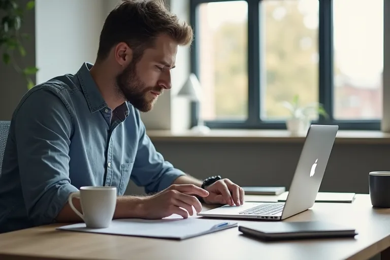 Man som planerar sin 30-60-90-plan för ett nytt jobb vid skrivbordet