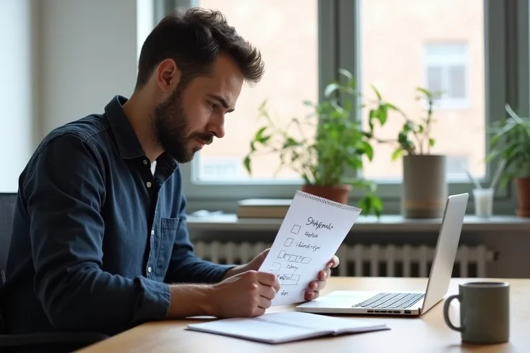 Arbetsplats med laptop och anteckningar för att prioritera rätt under första tiden på ett nytt jobb