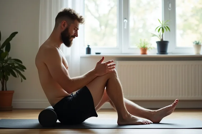 En man som varvar ner efter träning med lugn rörlighet och en enkel hemmarutin
