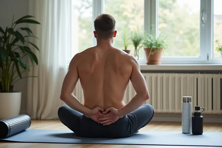 En man som gör lätt rörlighet för rygg och höfter efter träning i hemmet