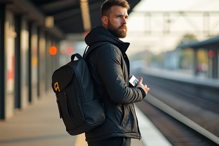 Laptopryggsäck med laddare och vardagsprylar organiserade för tågresan
