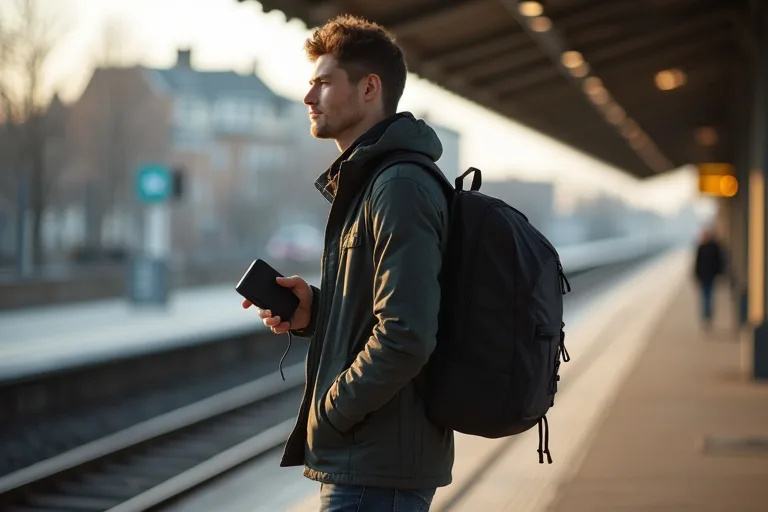 Man med laptopryggsäck och power bank under pendling till tåg