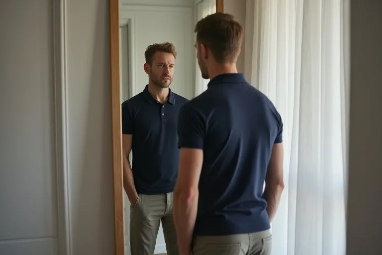 En man provar en pikétröja framför spegeln och ser hur den passar med resten av garderoben