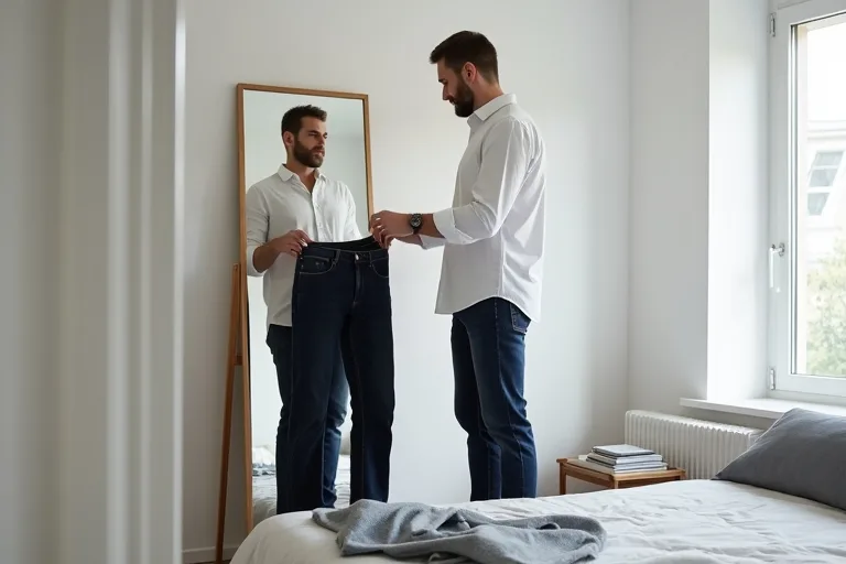 Mannen visar hur mörka jeans faller rätt över skon i en enkel outfit.