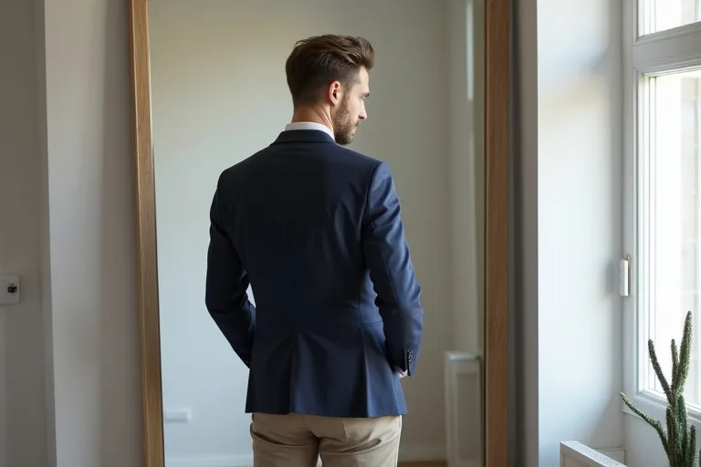 Man som kombinerar blazer med en enkel vardagsoutfit i smart casual-stil
