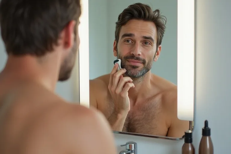 En man förbereder rakning med Philips OneBlade i ett rent badrum