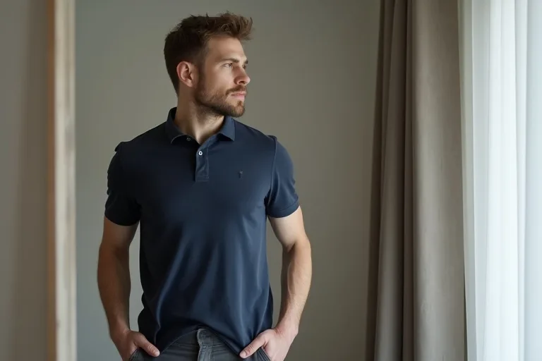 En man kombinerar en pikétröja med byxor för att se om outfiten håller ihop