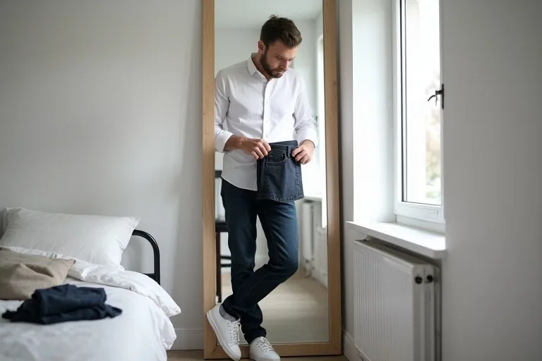 Mörka jeans i en ren, jämn tvätt som passar till enkla basplagg.