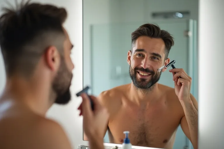 Närbild av en man som använder OneBlade med lätt hand för jämn trimning