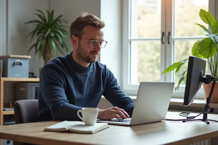 En man skriver ett kort och tydligt nätverksmeddelande på laptop vid ett städat skrivbord