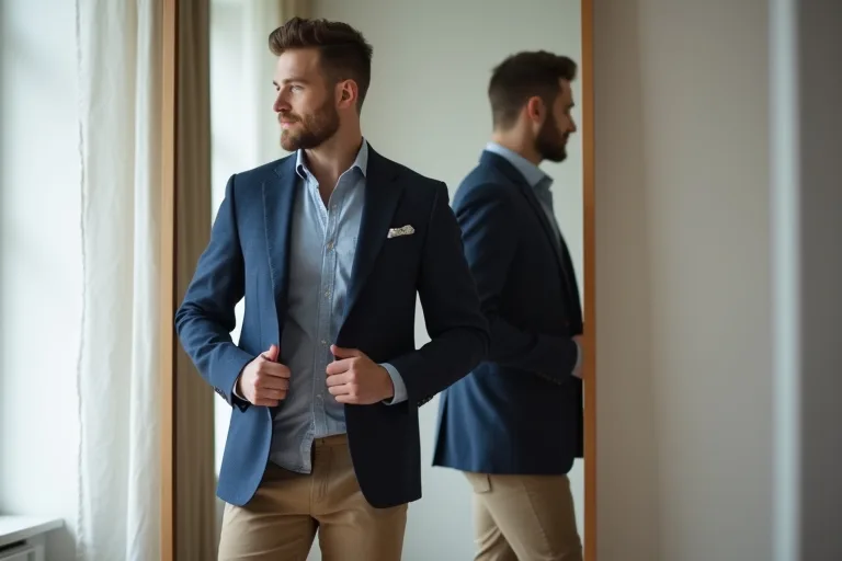 Närbild av blazer som sitter över axlar och bröst med korrekt proportion