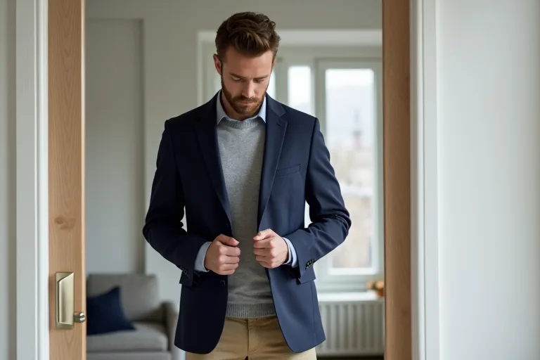 Man som provar en blazer i en ljus miljö och bedömer passformen