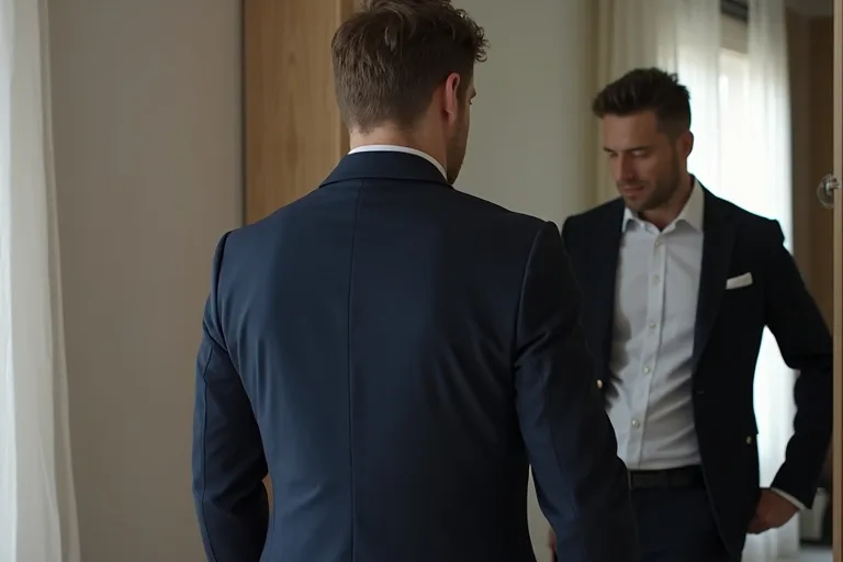 En man justerar ärmlängden på sin blazer framför en spegel