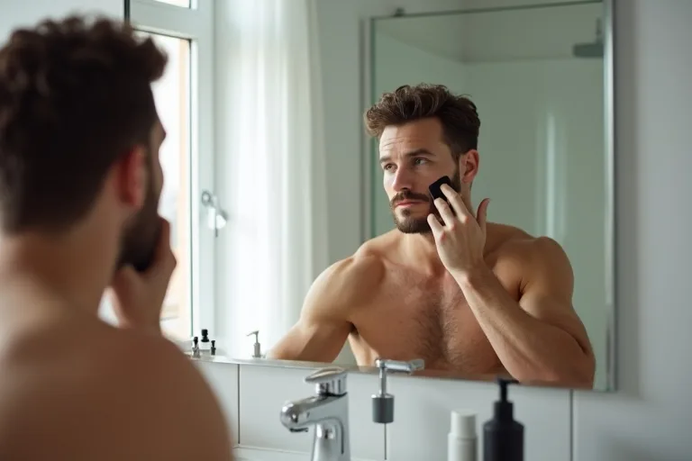 En man använder Philips OneBlade framför badrumsspegeln i en vardaglig groomingrutin