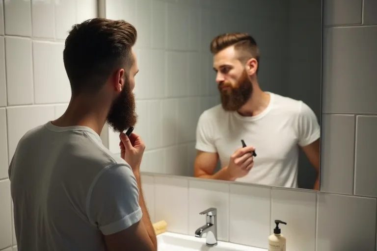 Man väljer skäggtrimmer vid badrumsspegeln med fokus på längdinställningar och precision