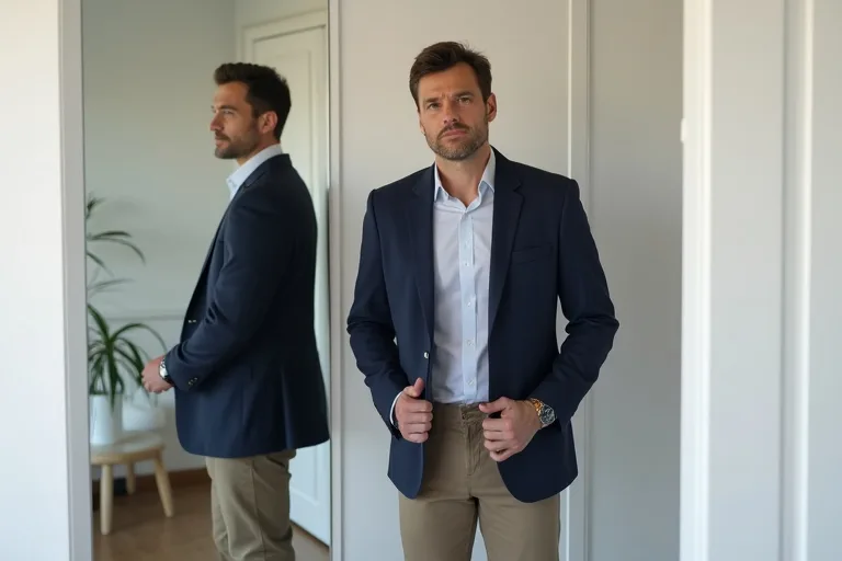 En man bedömer hur en blazer fungerar med vardagskläder i garderoben.