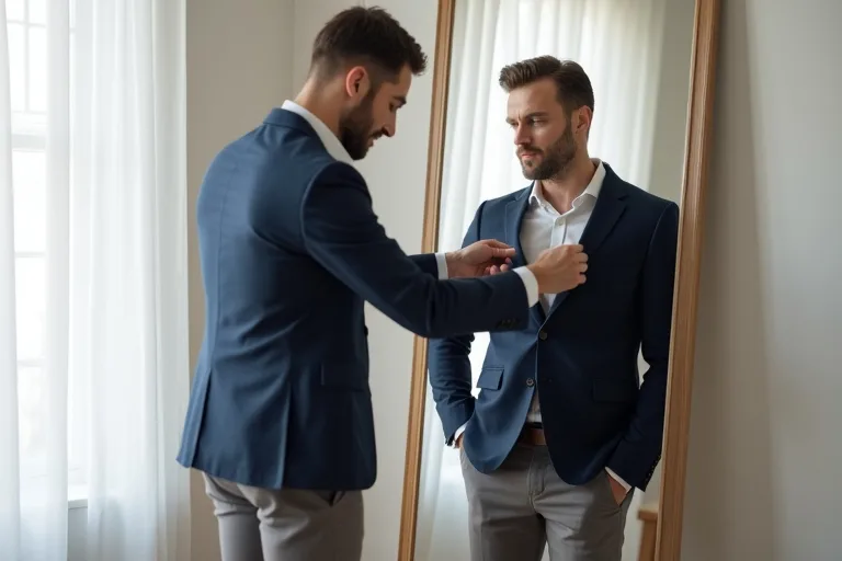 En blazer provas tillsammans med byxor för att kontrollera passform och färg i en smart casual outfit.