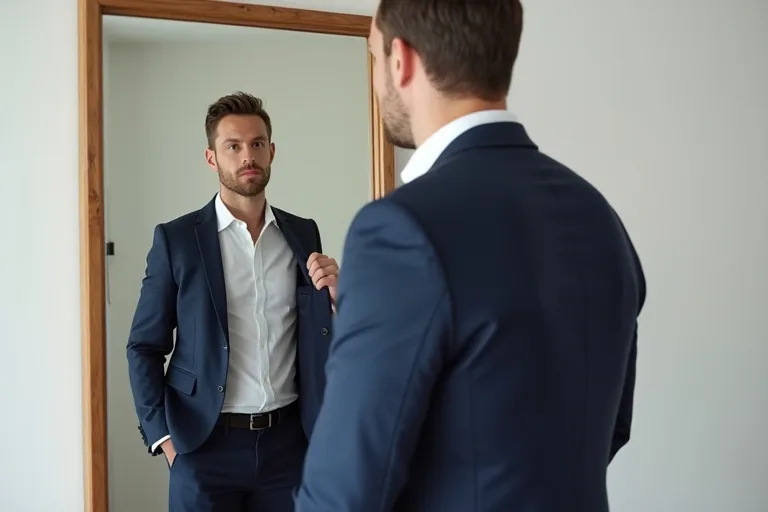 Man provar en navy blazer framför spegeln i en modern smart casual outfit