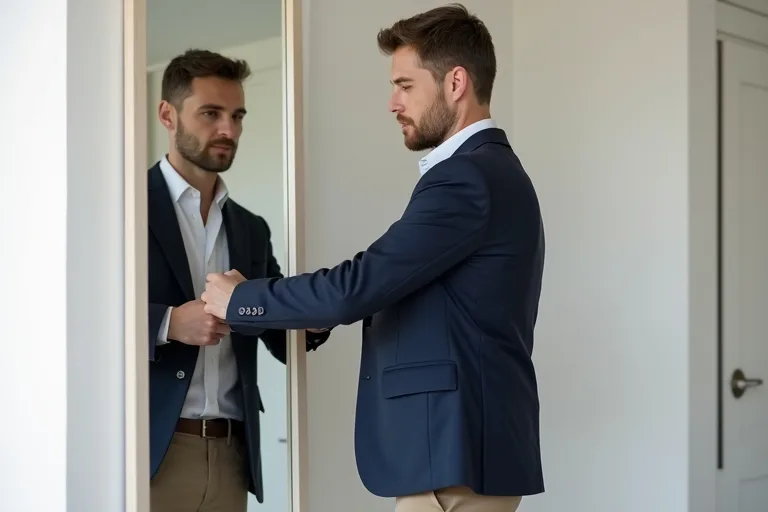 En man provar en blazer framför spegeln och matchar den med chinos i en vardaglig garderobssituation.