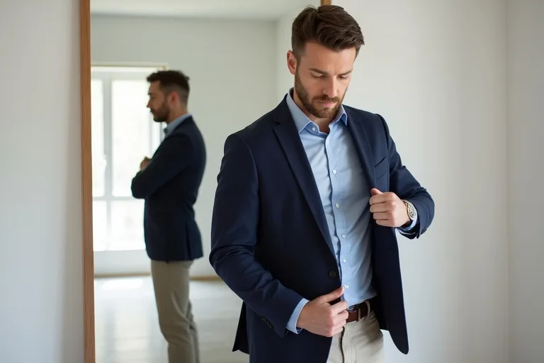 En man kontrollerar material, knappning och längd på en blazer inför vardagsanvändning.