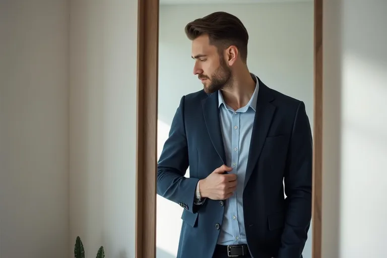 Mörk blazer och chinos som grund för en enkel smart casual look