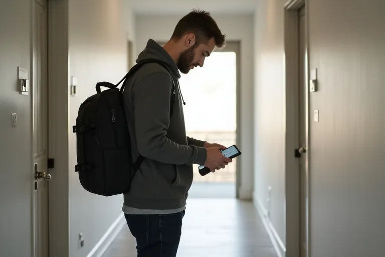 Man packar en ryggsäck och en powerbank inför pendlingen till jobbet