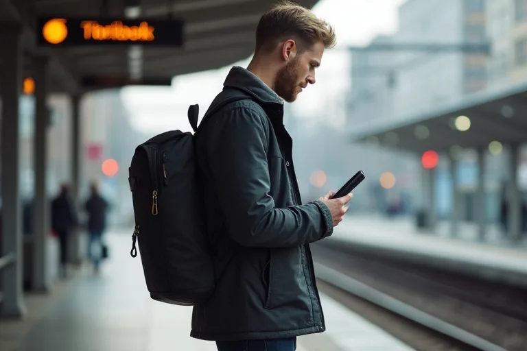 En man som använder en powerbank under pendling för att hålla mobilen laddad