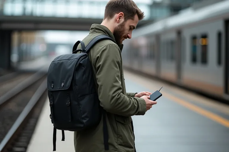 En pendlande man med en enkel och praktisk laptopryggsäck på väg genom stan