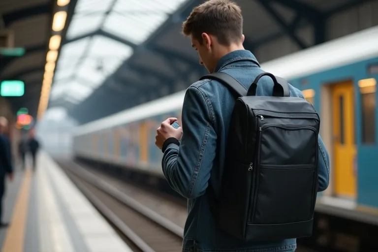 En man som packar sin pendlingsväska och kontrollerar funktionerna innan arbetsdagen