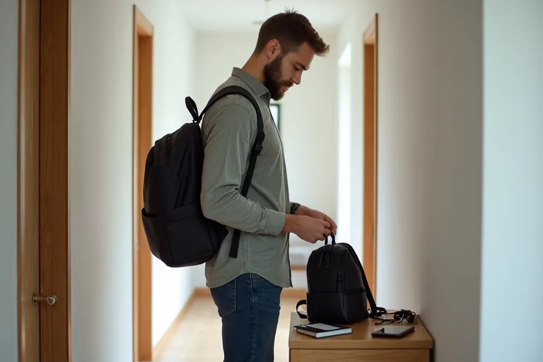 En man som packar sin ryggsäck och powerbank inför pendlingen